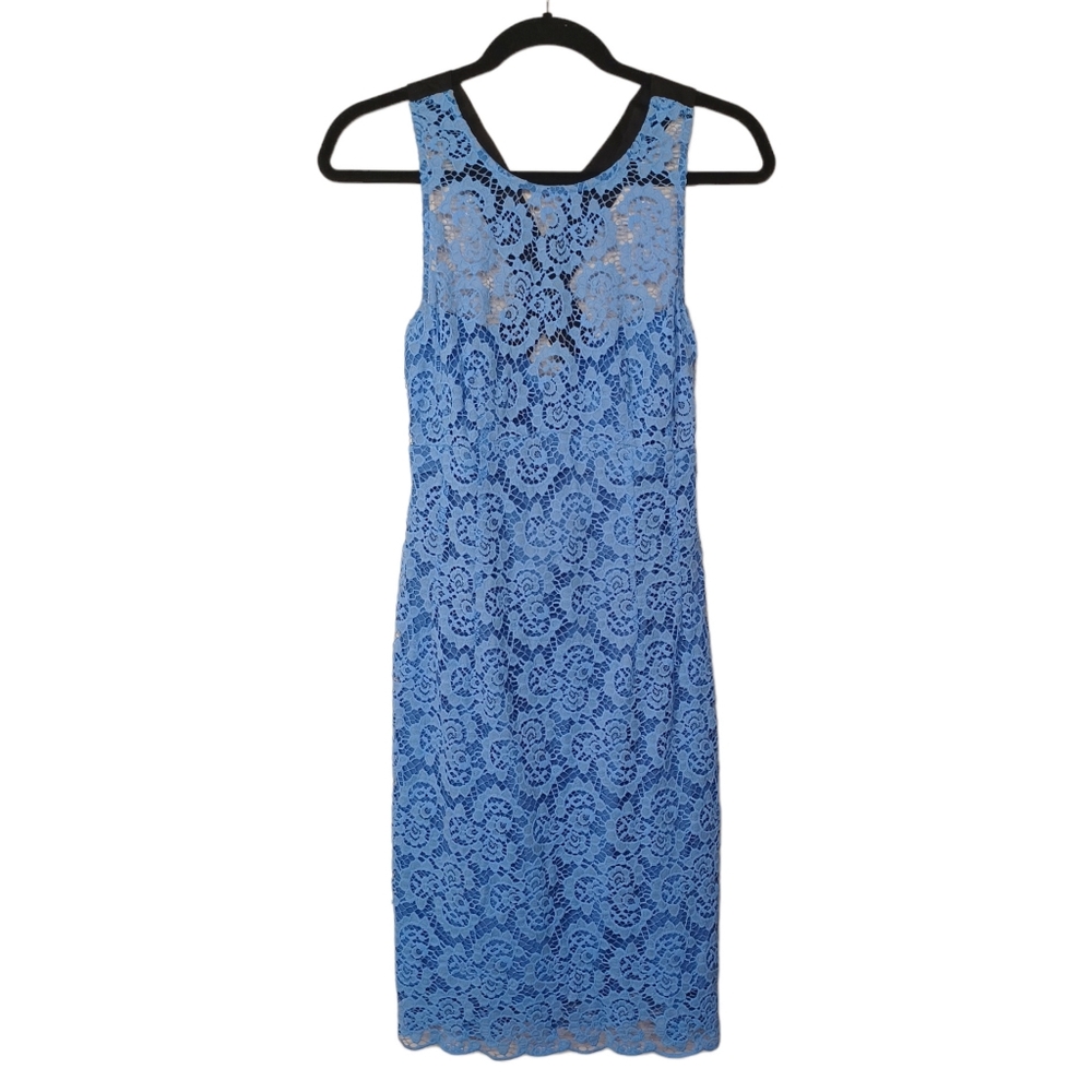 NANETTE LEPORE Periwinkle Blue Lace Black Criss Cross Back Sheath Dress 8 M
